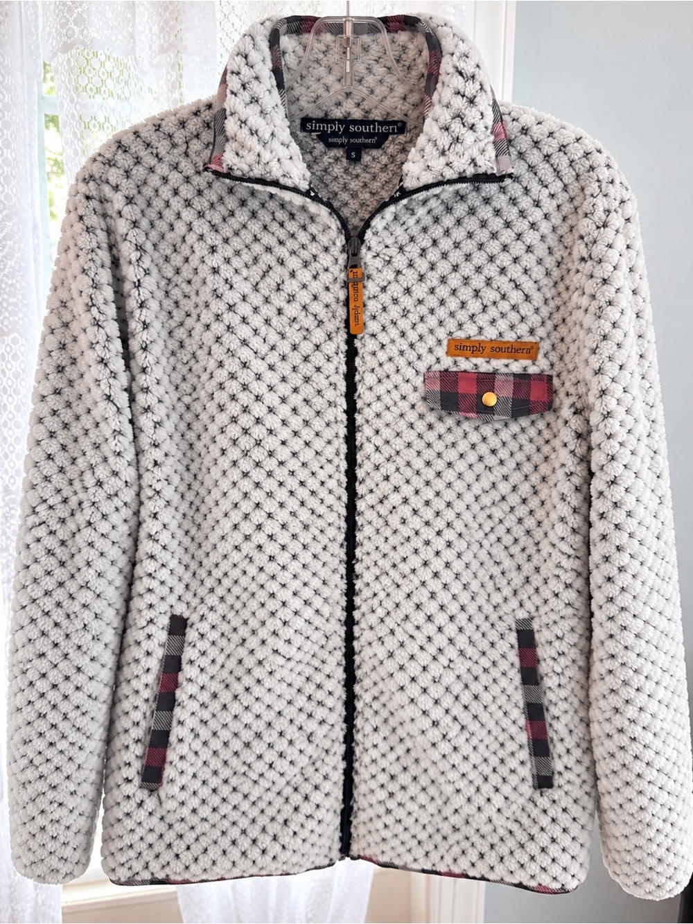 Simply Southern Cream Plush Zip Jacket with Plaid Accents